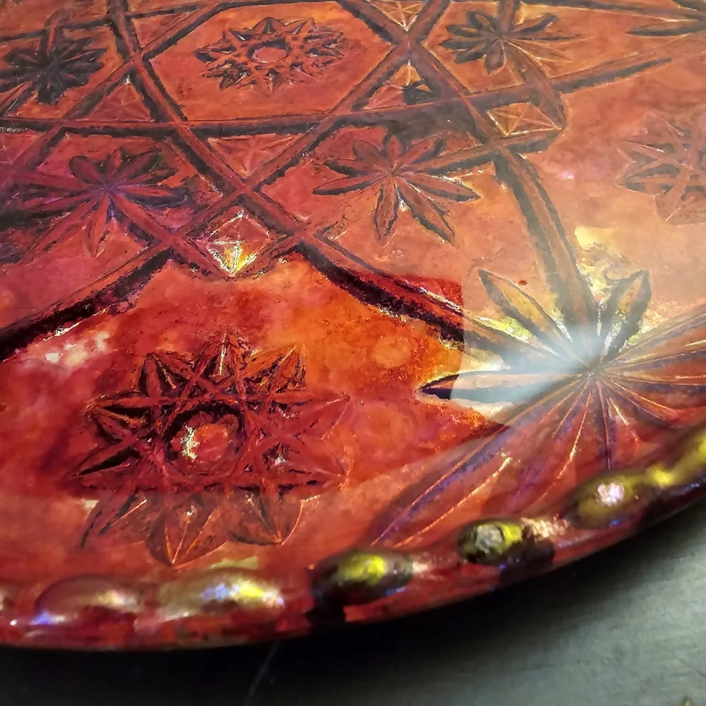 HANDCRAFTED Upcycled Deep Etched Glass Platter HANDPAINTED Tabletop ART Decor - Picture 11 of 17